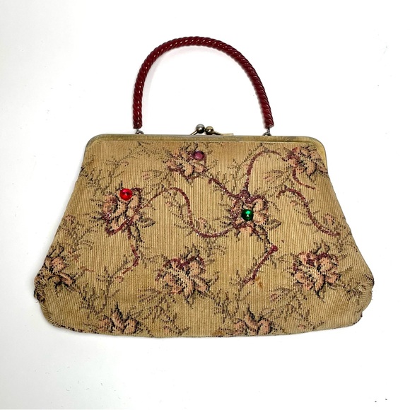 Vintage Tapestry Handbag Carpet Bag with Brown Twisted Lucite Handle - Picture 1 of 6